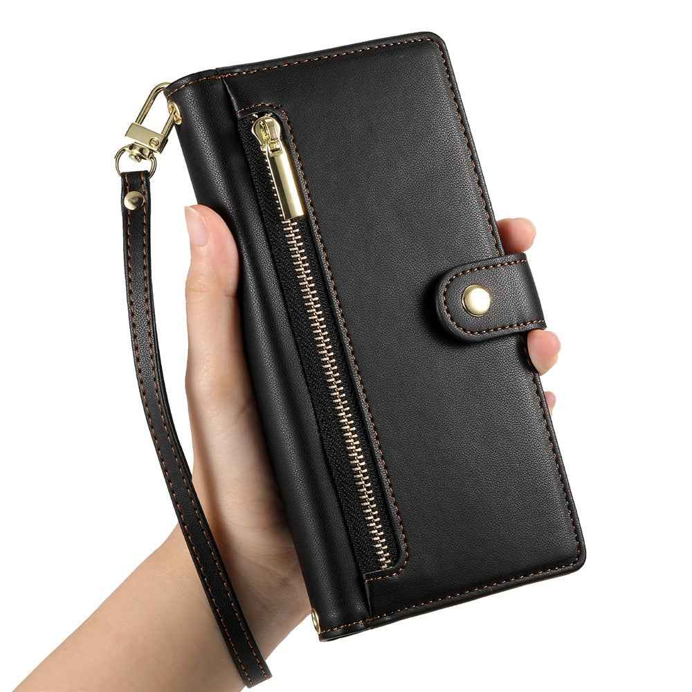 For Xiaomi 17 Pro Case Zipper Pocket Wallet Leather Phone Cover with Straps - Black