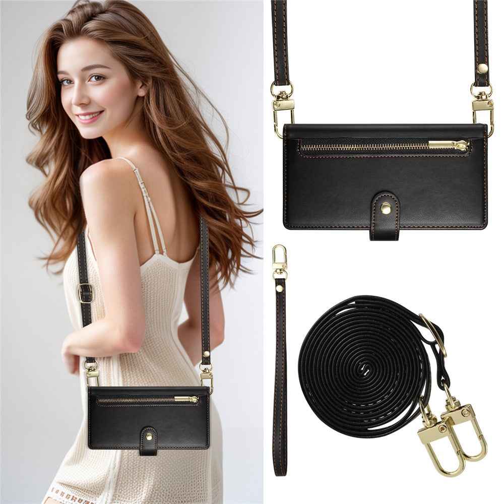 For Xiaomi 17 Pro Case Zipper Pocket Wallet Leather Phone Cover with Straps - Black
