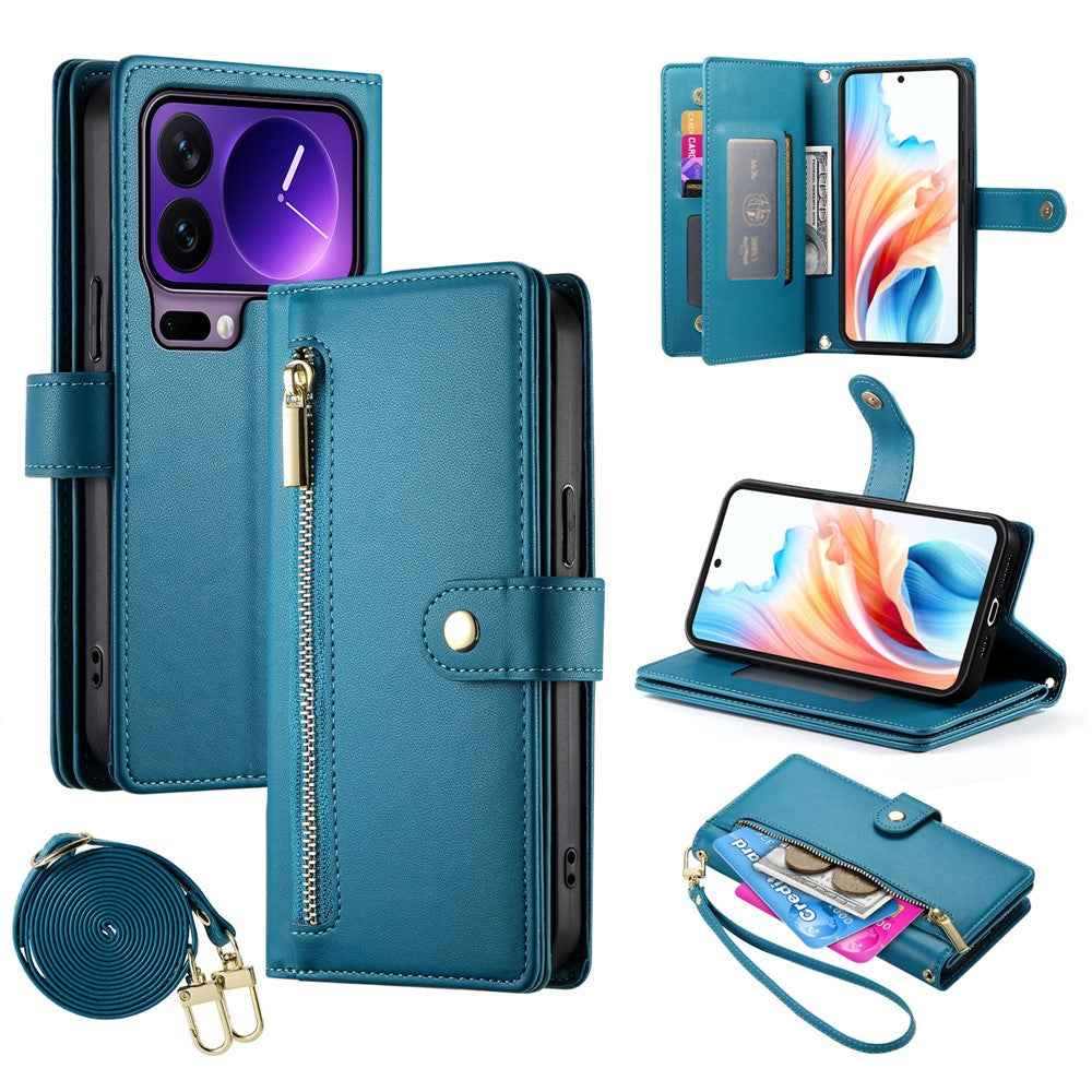 For Xiaomi 17 Pro Case Zipper Pocket Wallet Leather Phone Cover with Straps - Blue