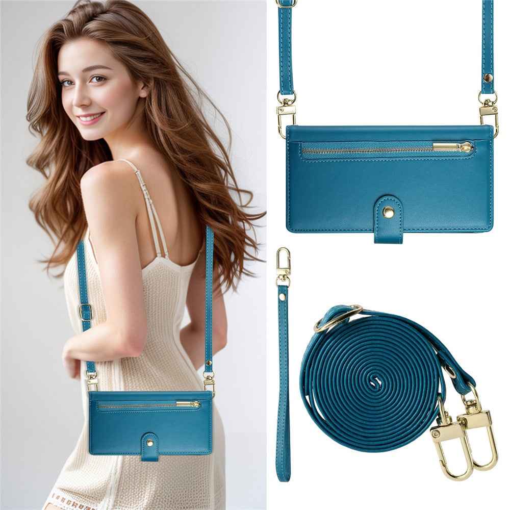For Xiaomi 17 Pro Case Zipper Pocket Wallet Leather Phone Cover with Straps - Blue