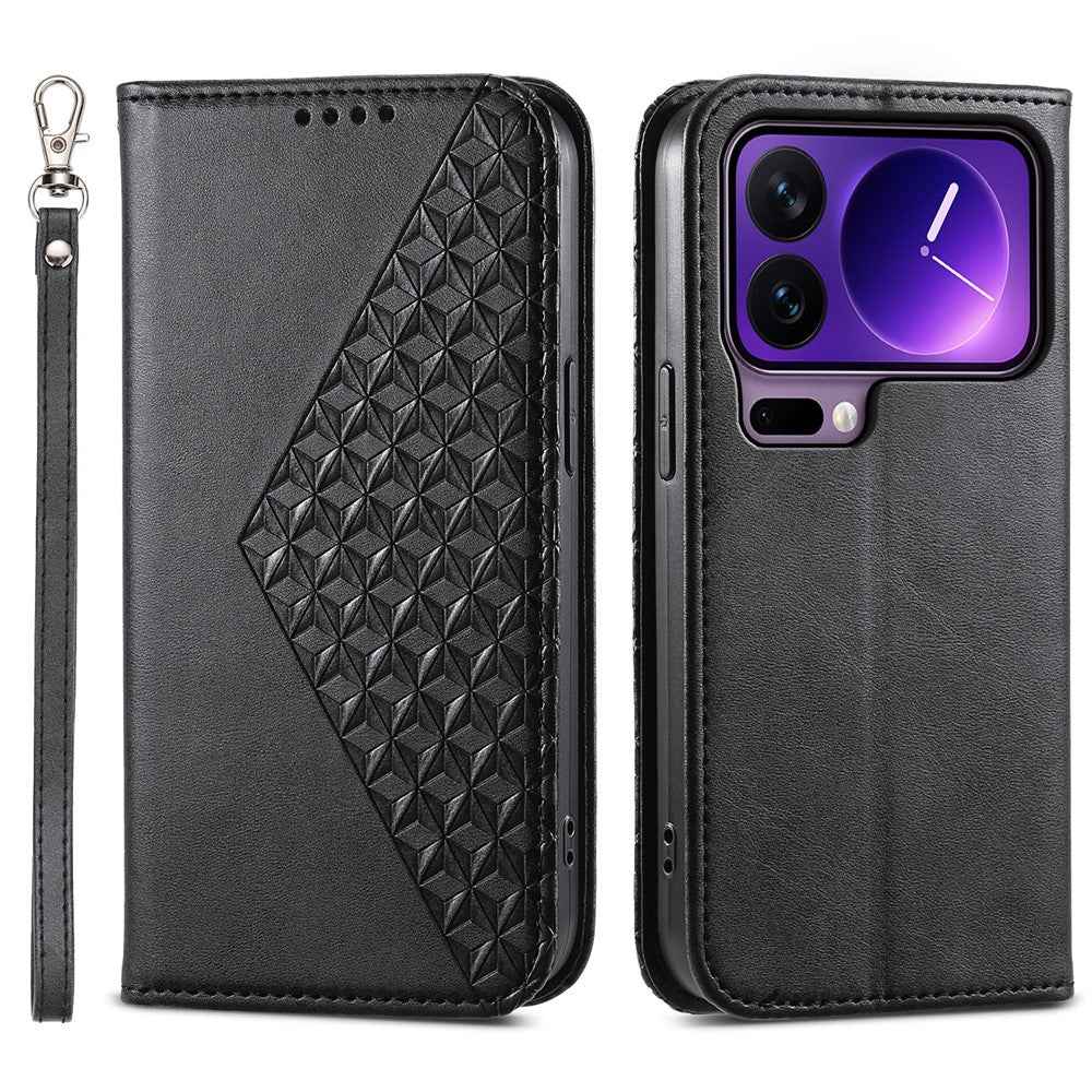 For Xiaomi 17 Pro Case Calf Texture PU Leather Wallet Phone Cover with Wrist Strap - Black