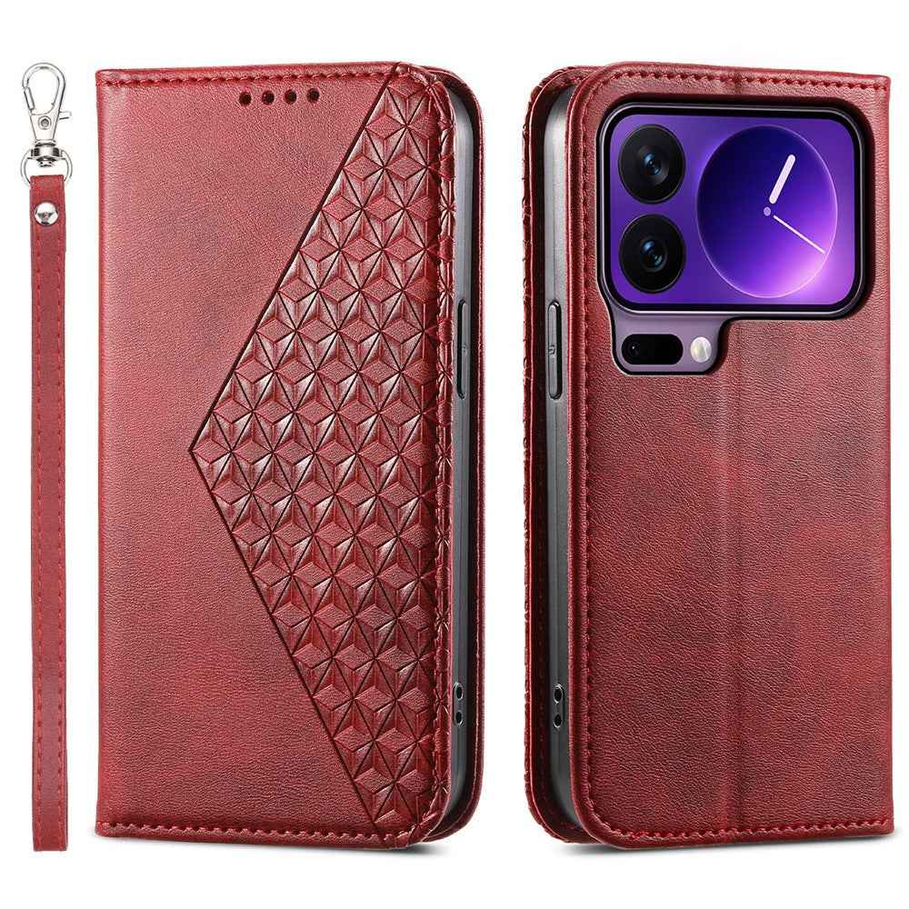 For Xiaomi 17 Pro Case Calf Texture PU Leather Wallet Phone Cover with Wrist Strap - Red