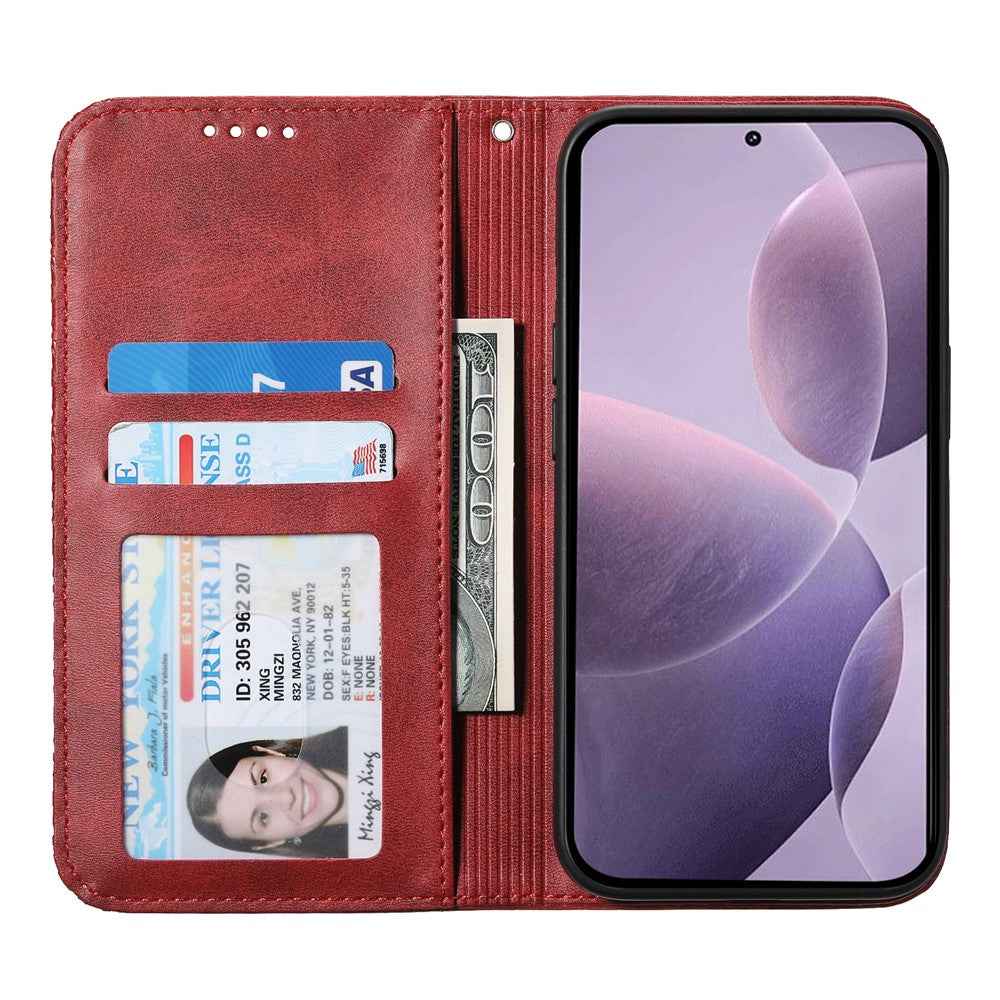 For Xiaomi 17 Pro Case Calf Texture PU Leather Wallet Phone Cover with Wrist Strap - Red