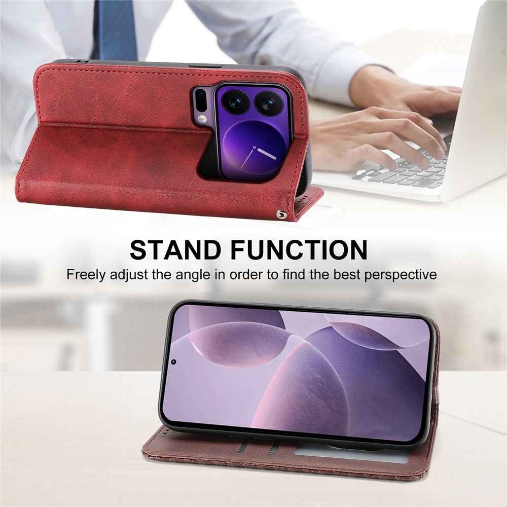 For Xiaomi 17 Pro Case Calf Texture PU Leather Wallet Phone Cover with Wrist Strap - Red