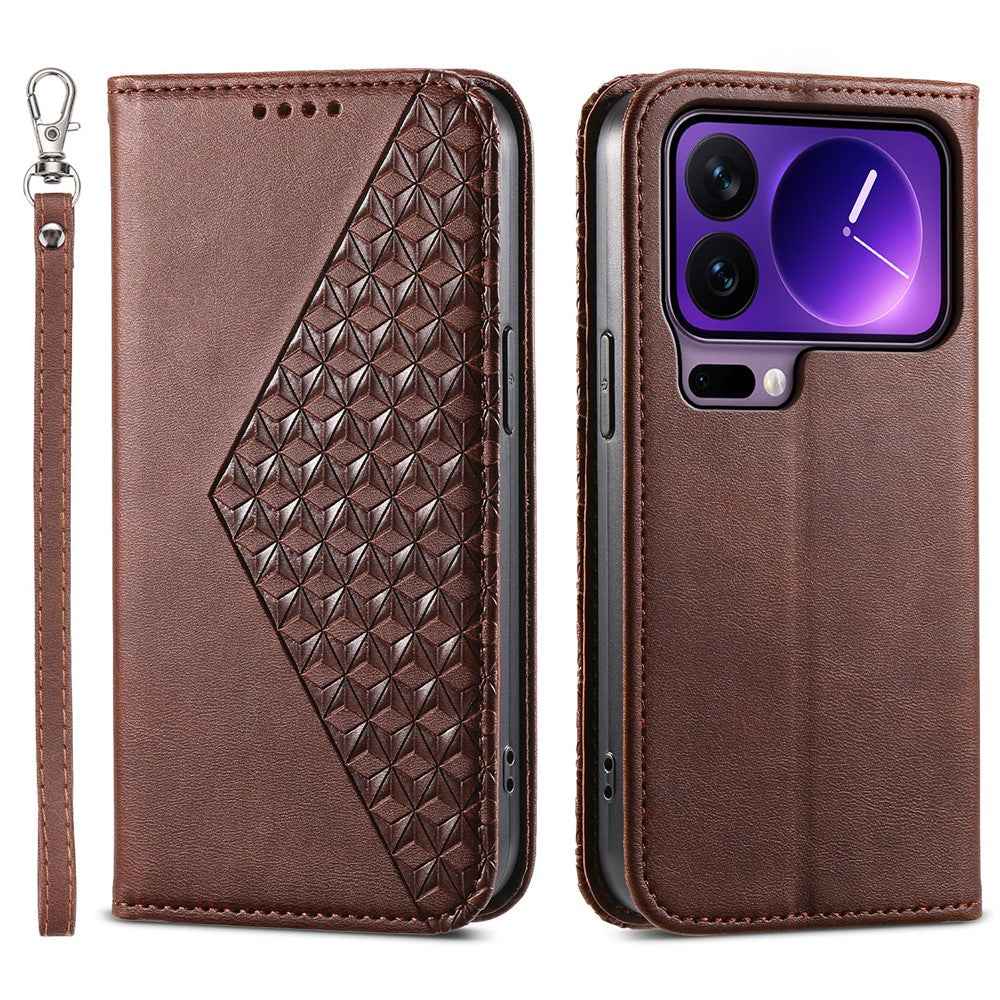 For Xiaomi 17 Pro Case Calf Texture PU Leather Wallet Phone Cover with Wrist Strap - Brown