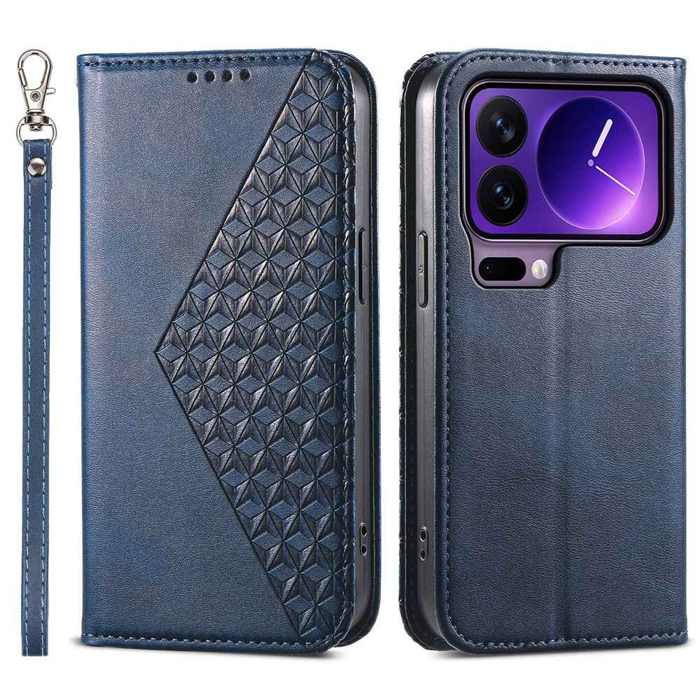 For Xiaomi 17 Pro Case Calf Texture PU Leather Wallet Phone Cover with Wrist Strap - Blue