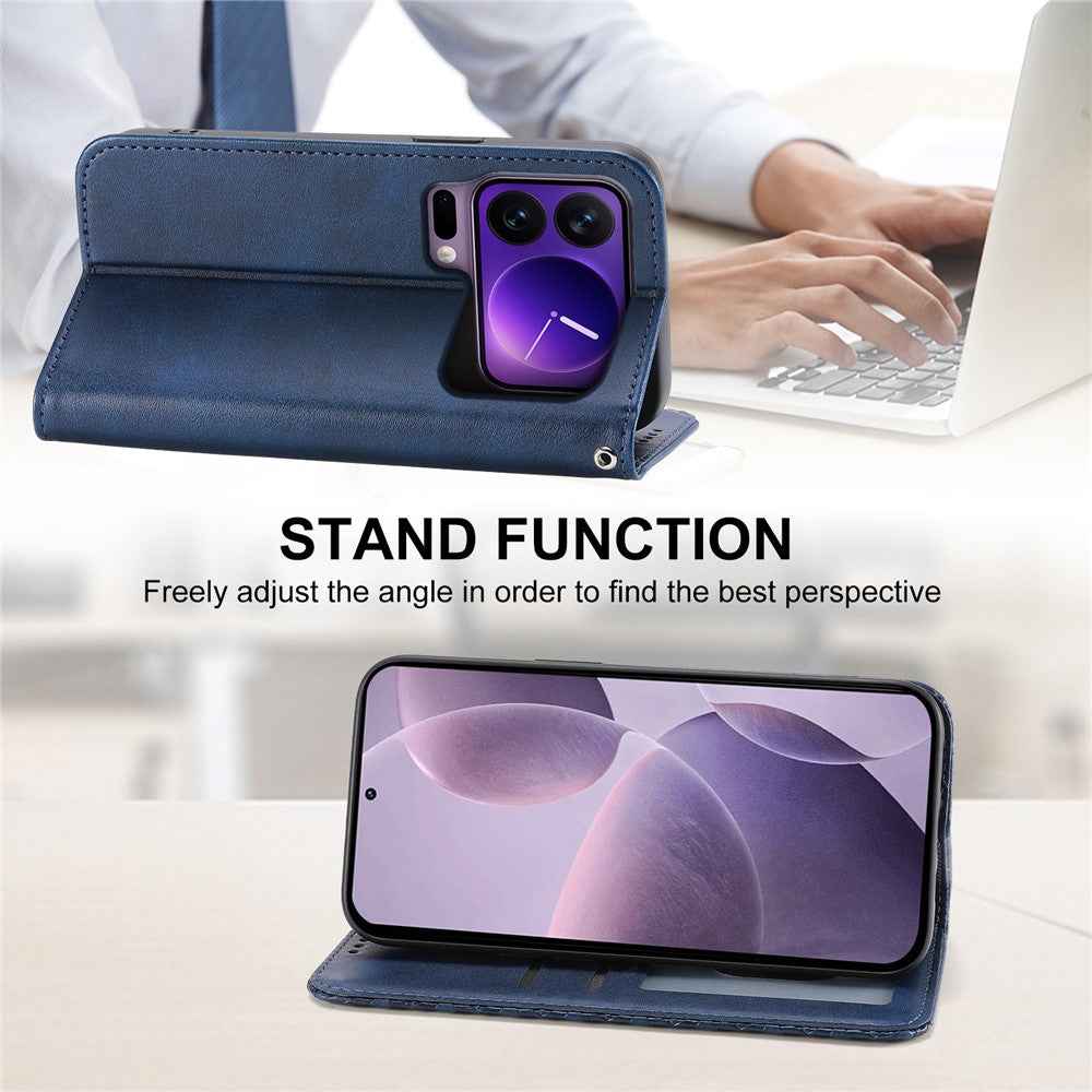 For Xiaomi 17 Pro Case Calf Texture PU Leather Wallet Phone Cover with Wrist Strap - Blue