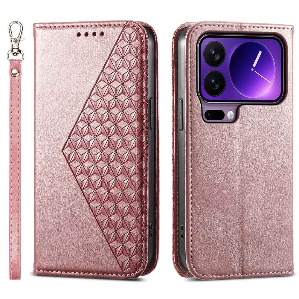 For Xiaomi 17 Pro Case Calf Texture PU Leather Wallet Phone Cover with Wrist Strap - Rose Gold