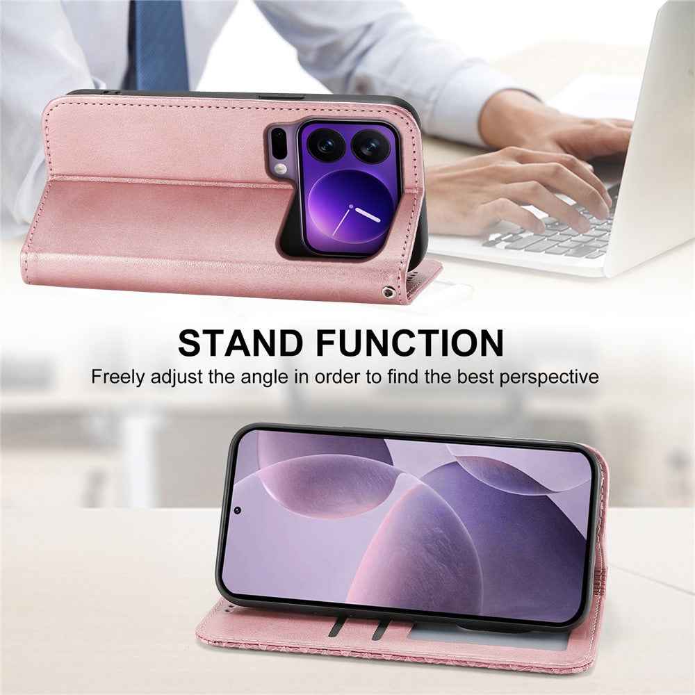 For Xiaomi 17 Pro Case Calf Texture PU Leather Wallet Phone Cover with Wrist Strap - Rose Gold