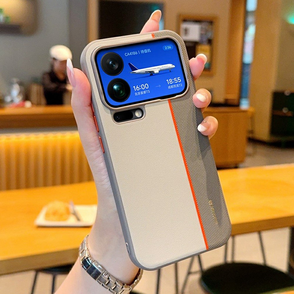 For Xiaomi 17 Pro Max Case Splicing PC + PU Leather Phone Back Cover with Metal Lens Ring / Buttons - Grey