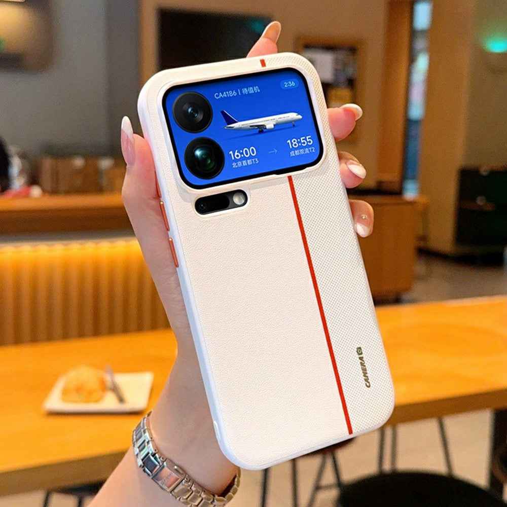 For Xiaomi 17 Pro Case Splicing PC + PU Leather Phone Back Cover with Metal Lens Ring / Buttons - White