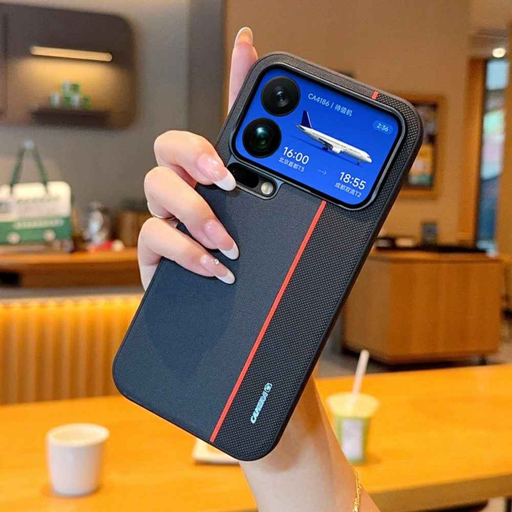 For Xiaomi 17 Pro Case Splicing PC + PU Leather Phone Back Cover with Metal Lens Ring / Buttons - Black