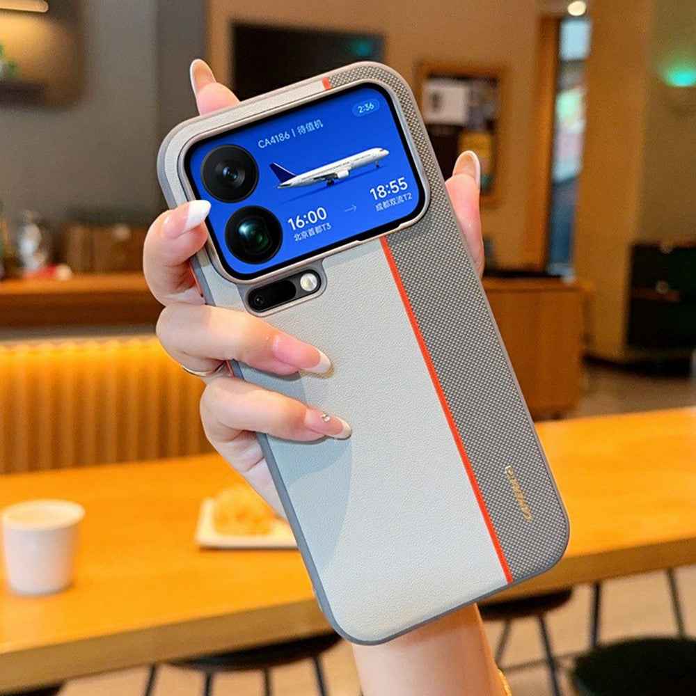 For Xiaomi 17 Pro Case Splicing PC + PU Leather Phone Back Cover with Metal Lens Ring / Buttons - Grey