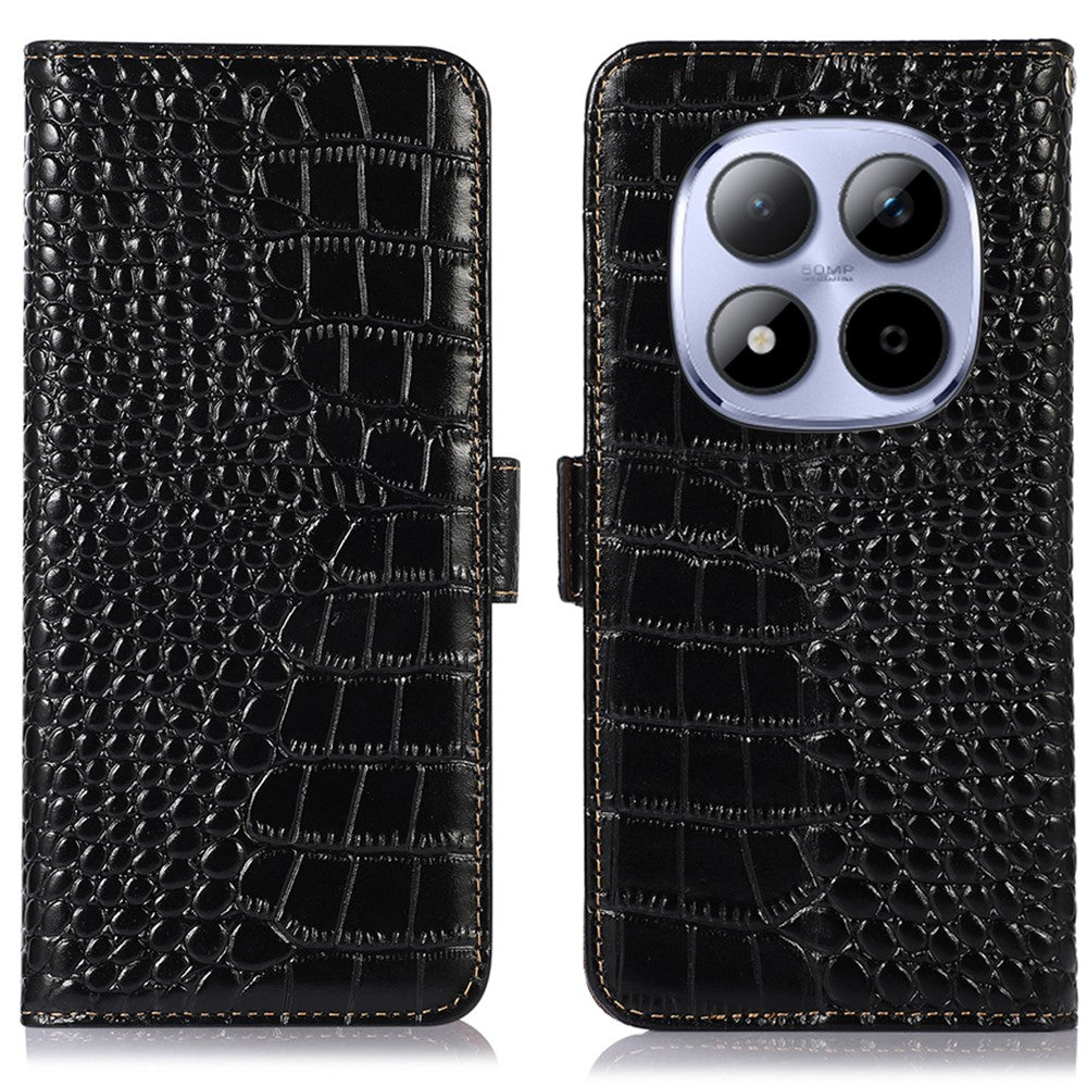 For Xiaomi Redmi Note 15 Pro 5G (Global) Case RFID Blocking Wallet Crocodile Texture Genuine Cow Leather Phone Cover - Black