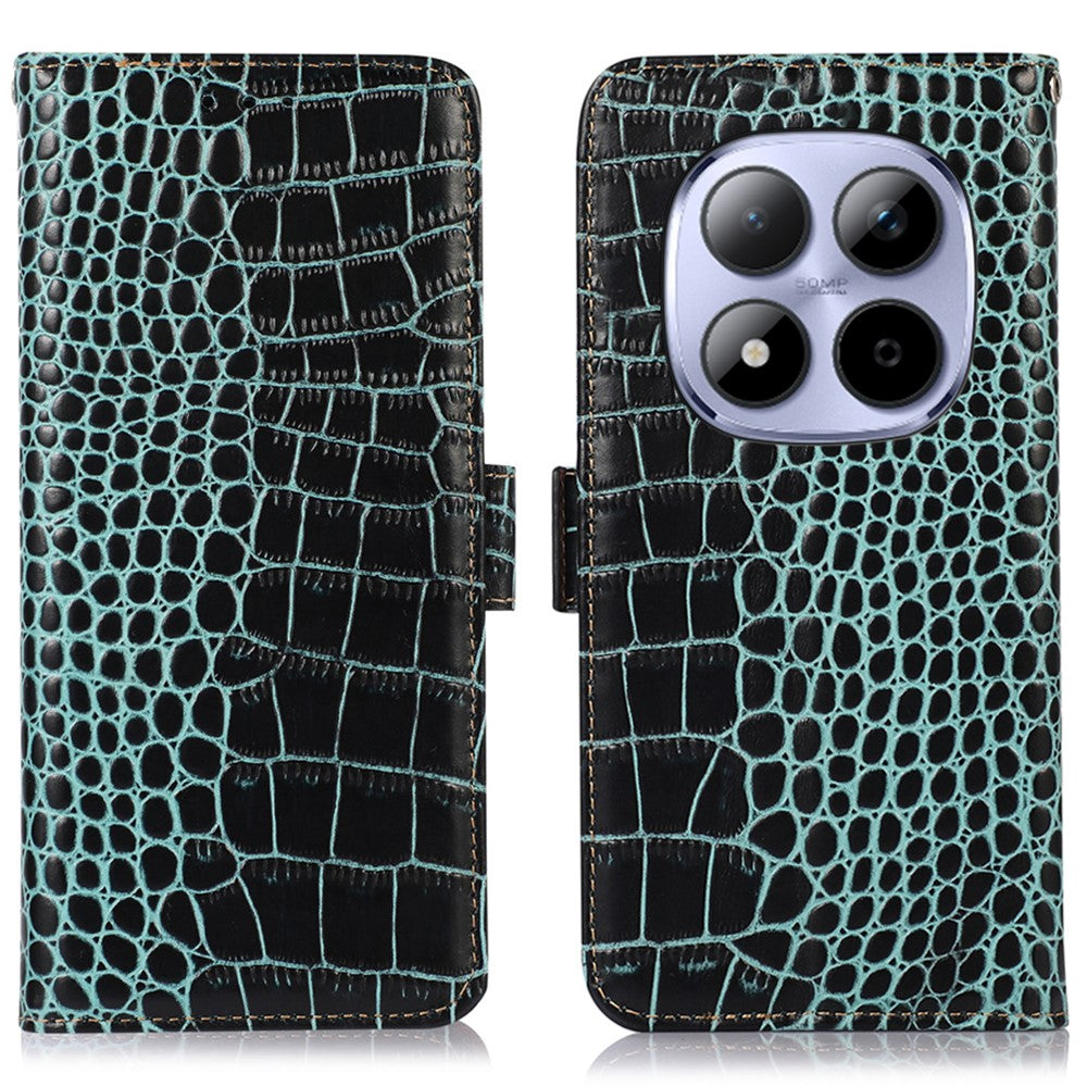 For Xiaomi Redmi Note 15 Pro 5G (Global) Case RFID Blocking Wallet Crocodile Texture Genuine Cow Leather Phone Cover - Green
