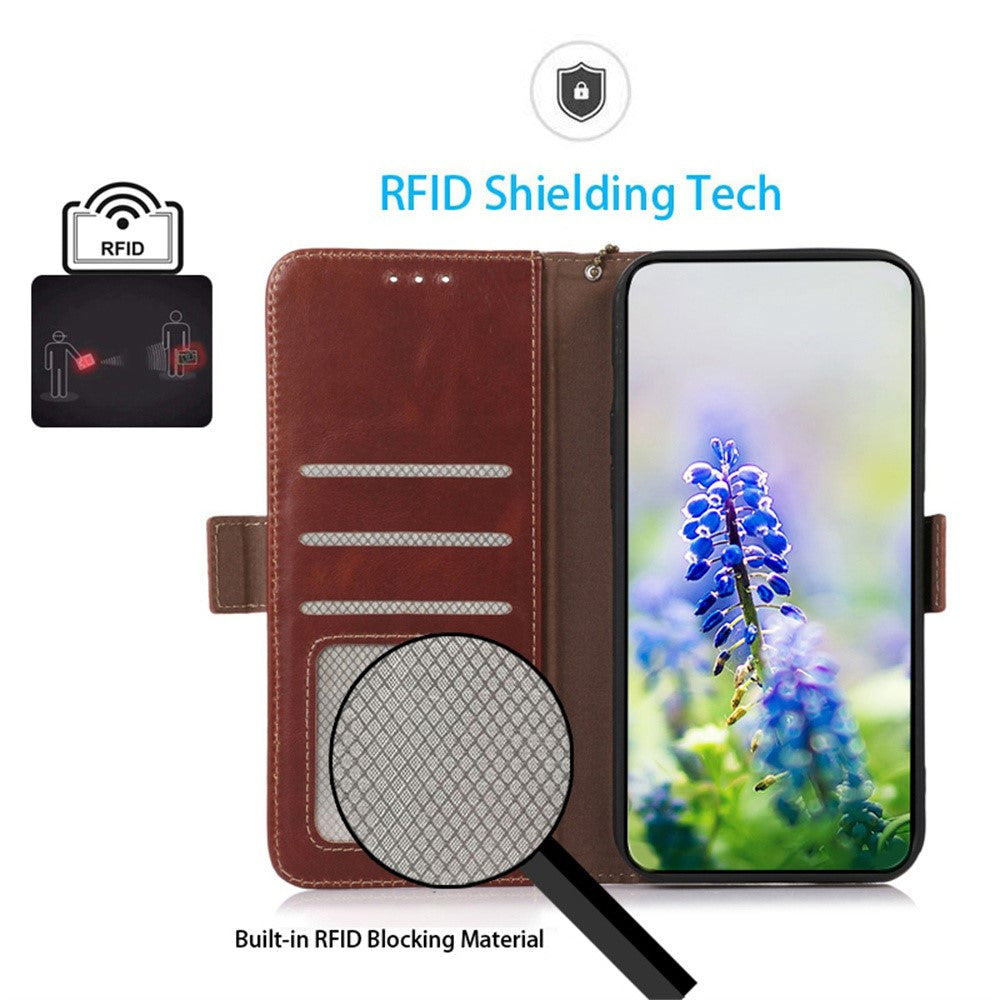 For Xiaomi Redmi Note 15 Pro 5G (Global) Case RFID Blocking Genuine Cow Leather Wallet Phone Cover - Brown