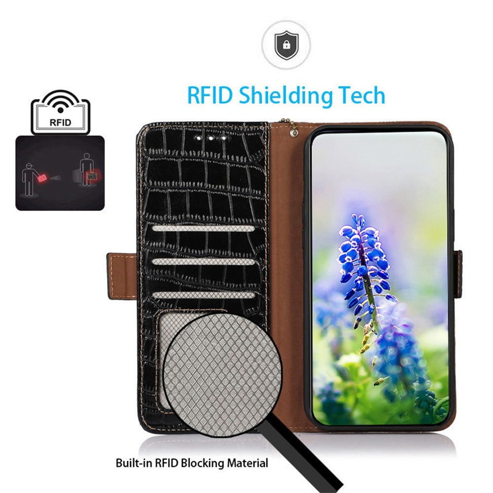For Xiaomi Poco M8 Pro 5G / Redmi Note 15 Pro+ 5G (Global) Case RFID Blocking Wallet Crocodile Texture Genuine Cow Leather Phone Cover - Black