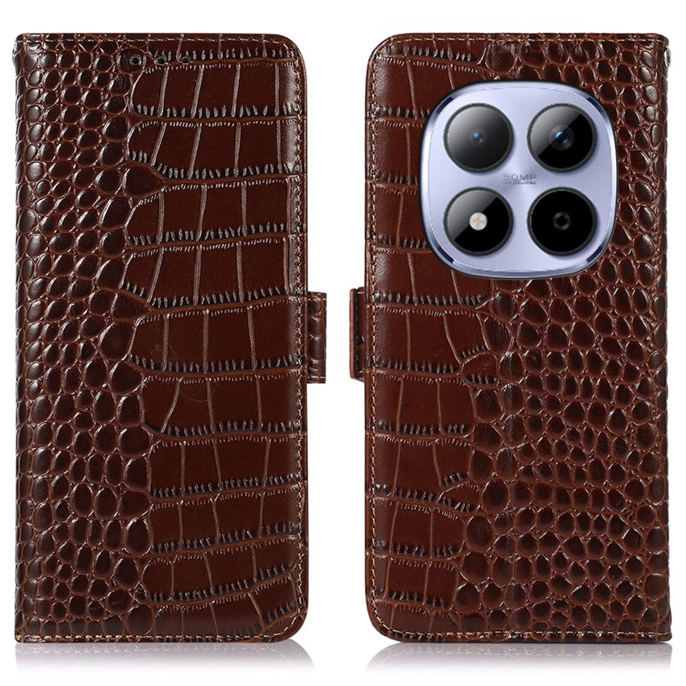 For Xiaomi Poco M8 Pro 5G / Redmi Note 15 Pro+ 5G (Global) Case RFID Blocking Wallet Crocodile Texture Genuine Cow Leather Phone Cover - Brown