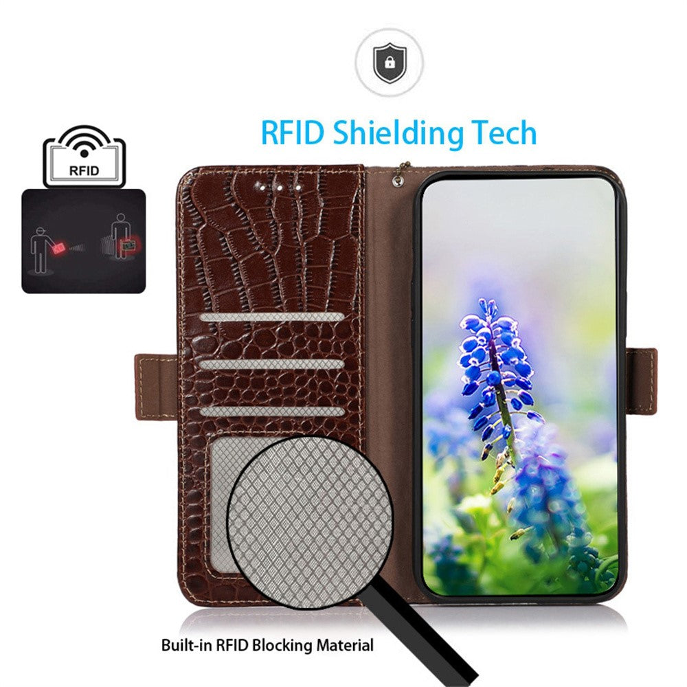 For Xiaomi Poco M8 Pro 5G / Redmi Note 15 Pro+ 5G (Global) Case RFID Blocking Wallet Crocodile Texture Genuine Cow Leather Phone Cover - Brown