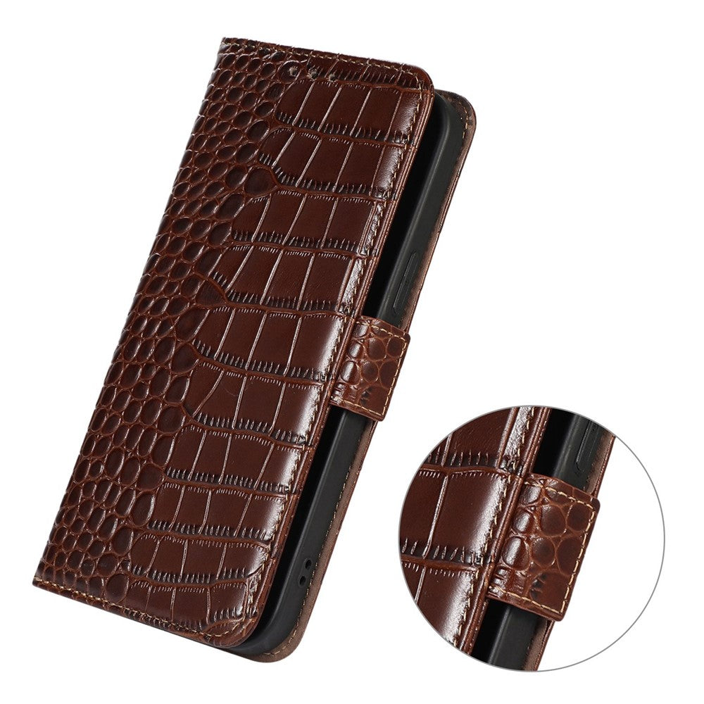 For Xiaomi Poco M8 Pro 5G / Redmi Note 15 Pro+ 5G (Global) Case RFID Blocking Wallet Crocodile Texture Genuine Cow Leather Phone Cover - Brown