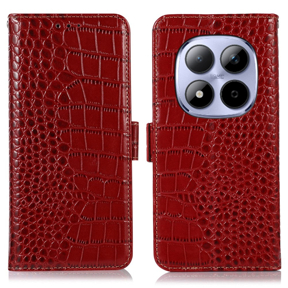 For Xiaomi Poco M8 Pro 5G / Redmi Note 15 Pro+ 5G (Global) Case RFID Blocking Wallet Crocodile Texture Genuine Cow Leather Phone Cover - Red