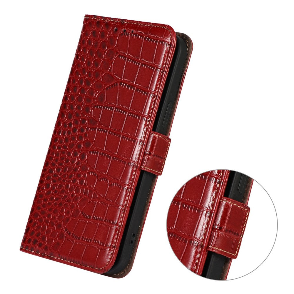 For Xiaomi Poco M8 Pro 5G / Redmi Note 15 Pro+ 5G (Global) Case RFID Blocking Wallet Crocodile Texture Genuine Cow Leather Phone Cover - Red