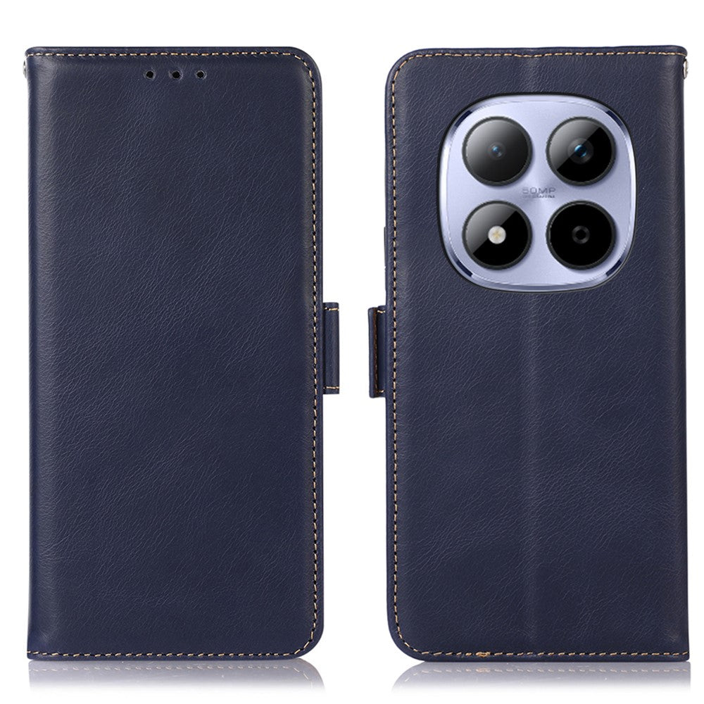 For Xiaomi Poco M8 Pro 5G / Redmi Note 15 Pro+ 5G (Global) Case RFID Blocking Genuine Cow Leather Wallet Phone Cover - Blue