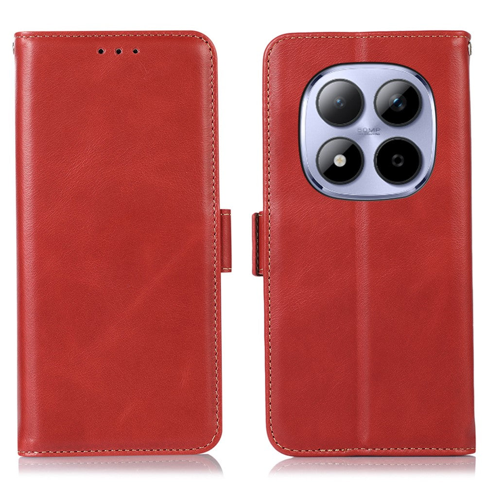 For Xiaomi Poco M8 Pro 5G / Redmi Note 15 Pro+ 5G (Global) Case RFID Blocking Genuine Cow Leather Wallet Phone Cover - Red
