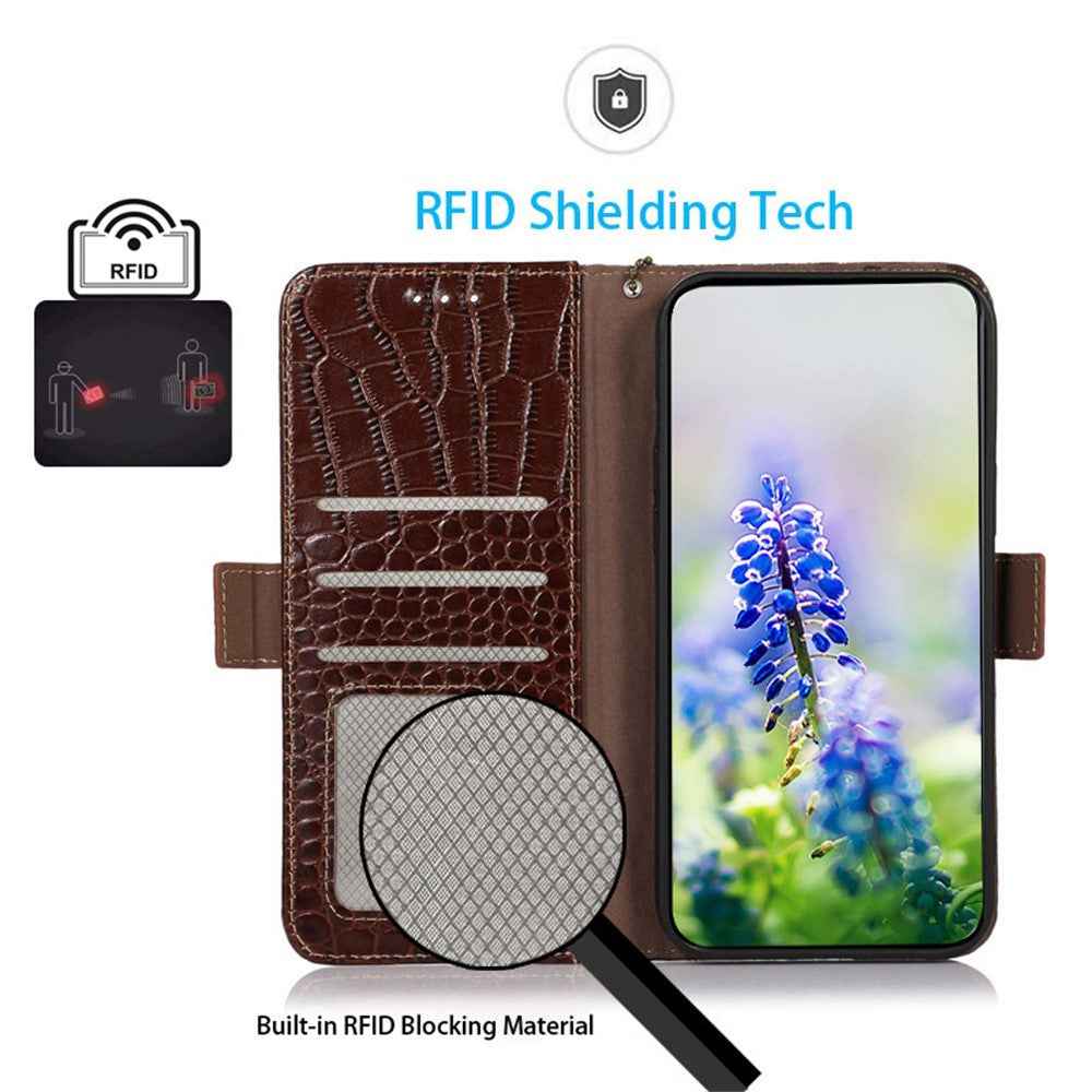 For Xiaomi 17 Pro Case RFID Blocking Wallet Crocodile Texture Genuine Cow Leather Phone Cover - Brown