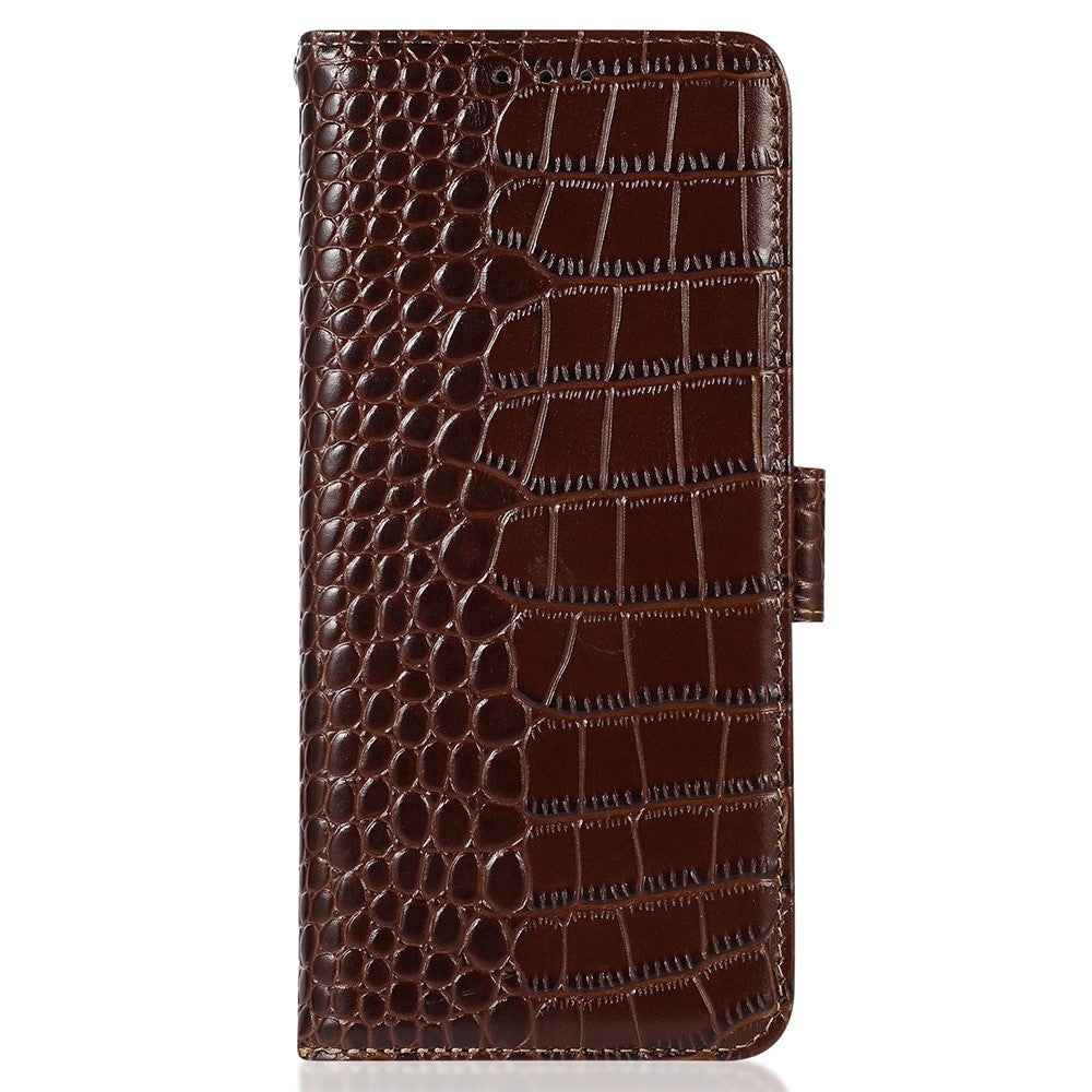 For Xiaomi 17 Pro Case RFID Blocking Wallet Crocodile Texture Genuine Cow Leather Phone Cover - Brown