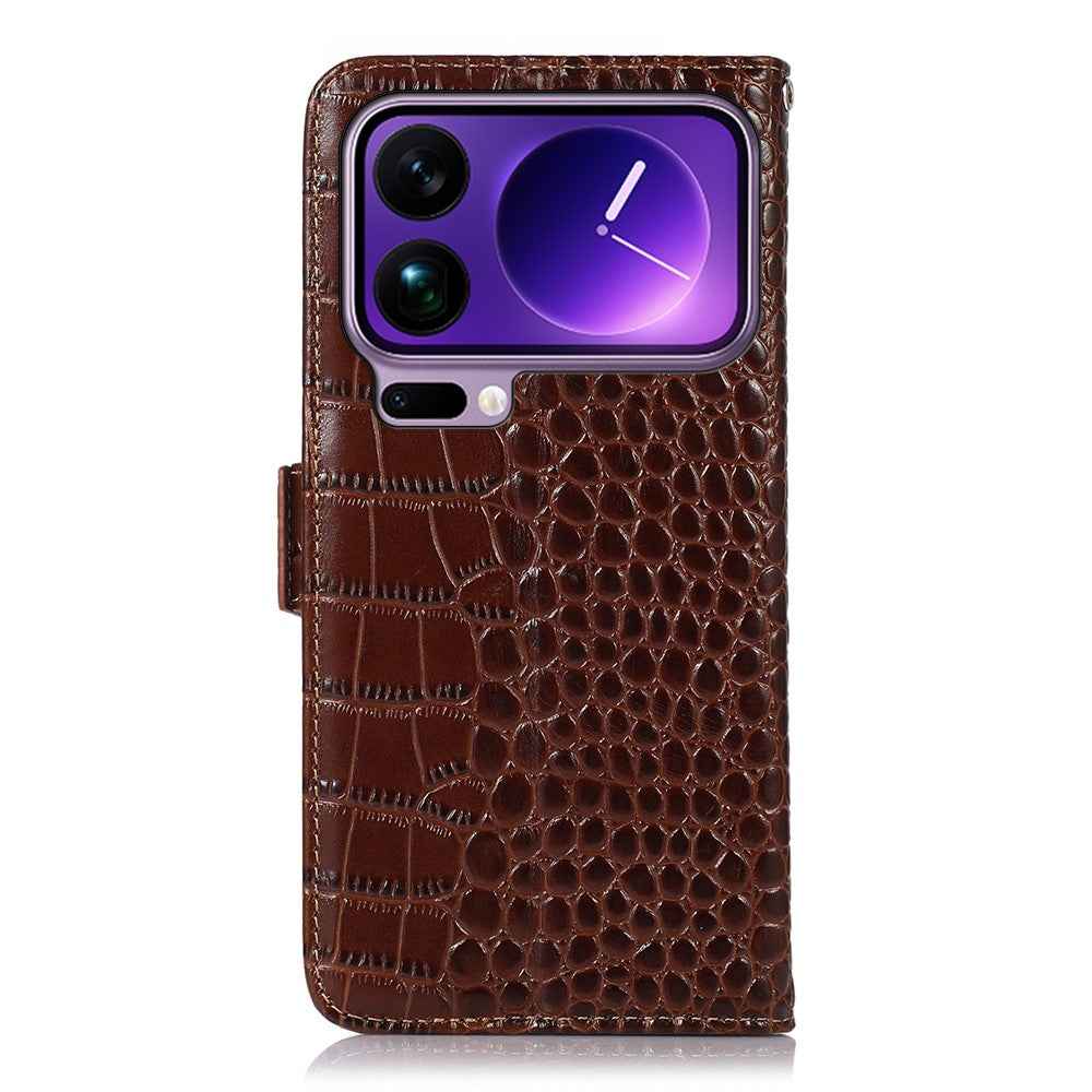 For Xiaomi 17 Pro Case RFID Blocking Wallet Crocodile Texture Genuine Cow Leather Phone Cover - Brown