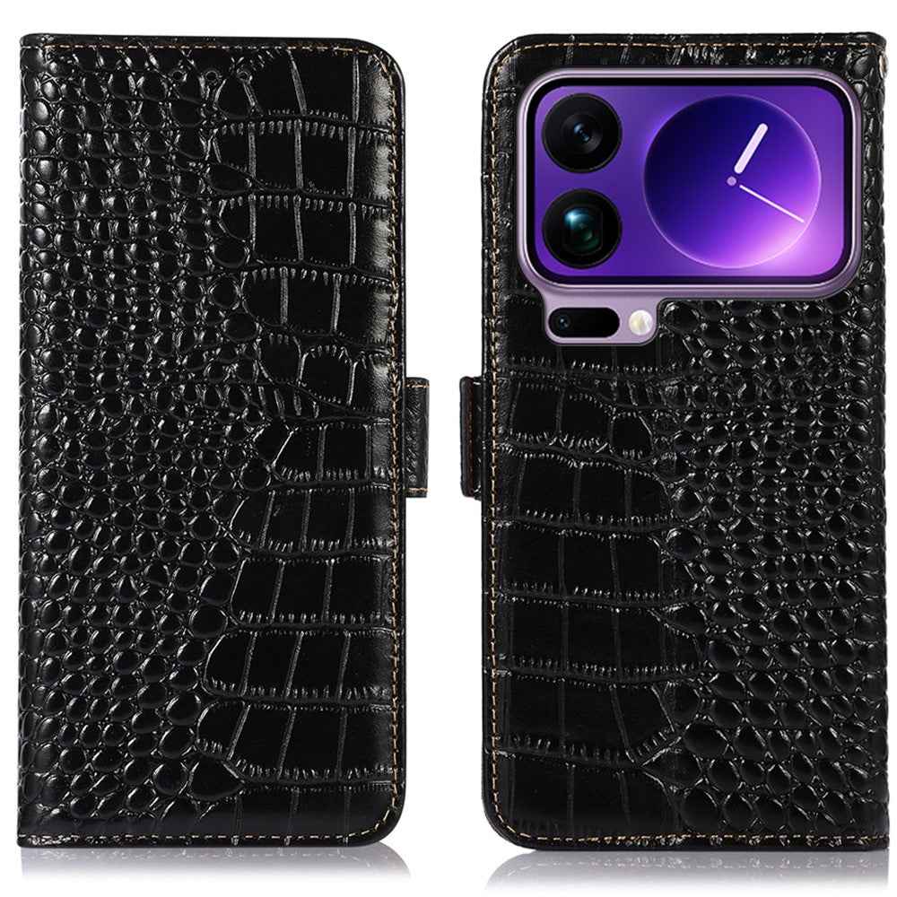 For Xiaomi 17 Pro Case RFID Blocking Wallet Crocodile Texture Genuine Cow Leather Phone Cover - Black