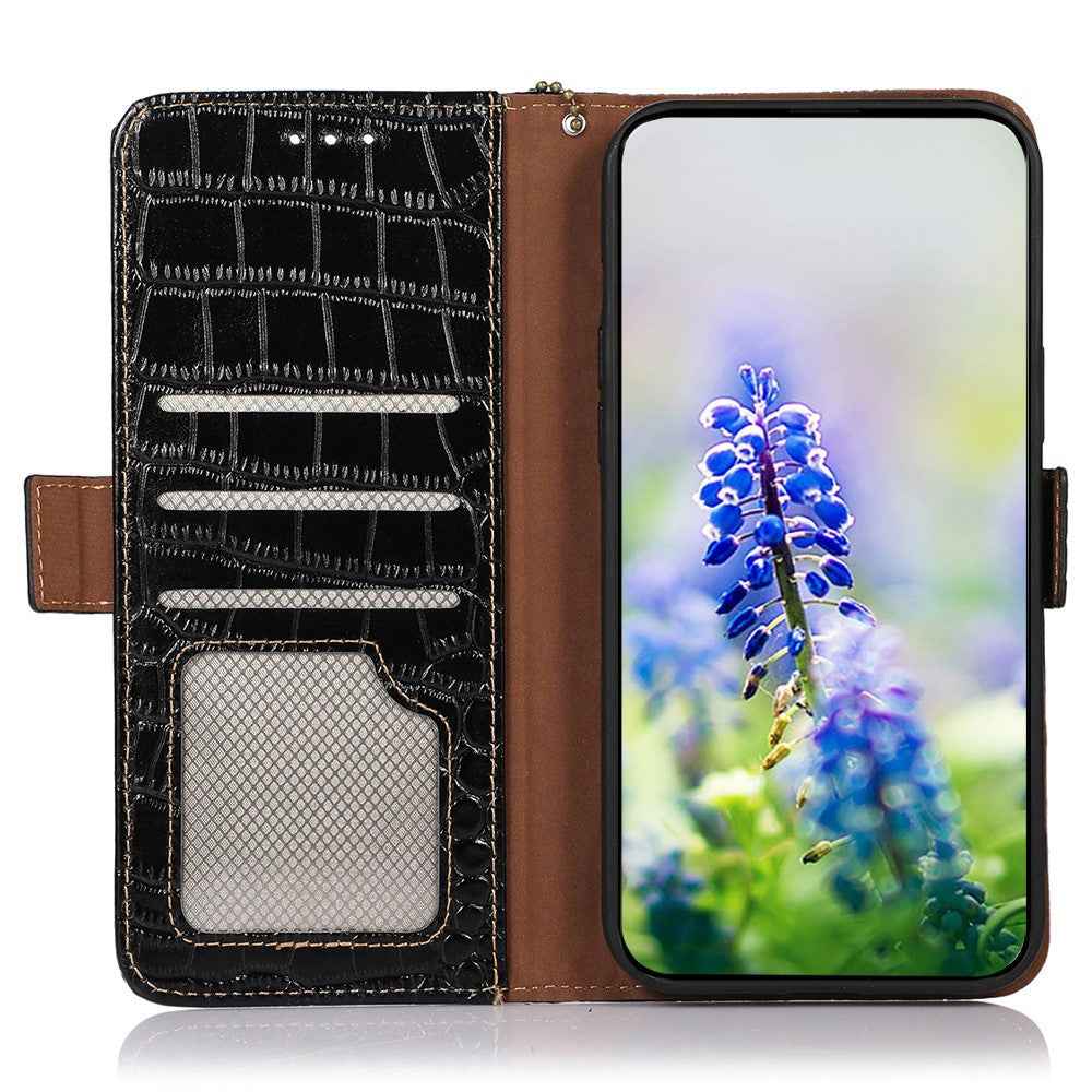 For Xiaomi 17 Pro Case RFID Blocking Wallet Crocodile Texture Genuine Cow Leather Phone Cover - Black