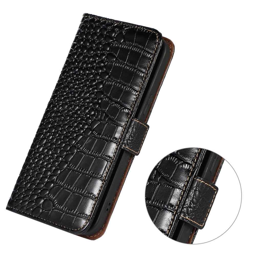 For Xiaomi 17 Pro Case RFID Blocking Wallet Crocodile Texture Genuine Cow Leather Phone Cover - Black