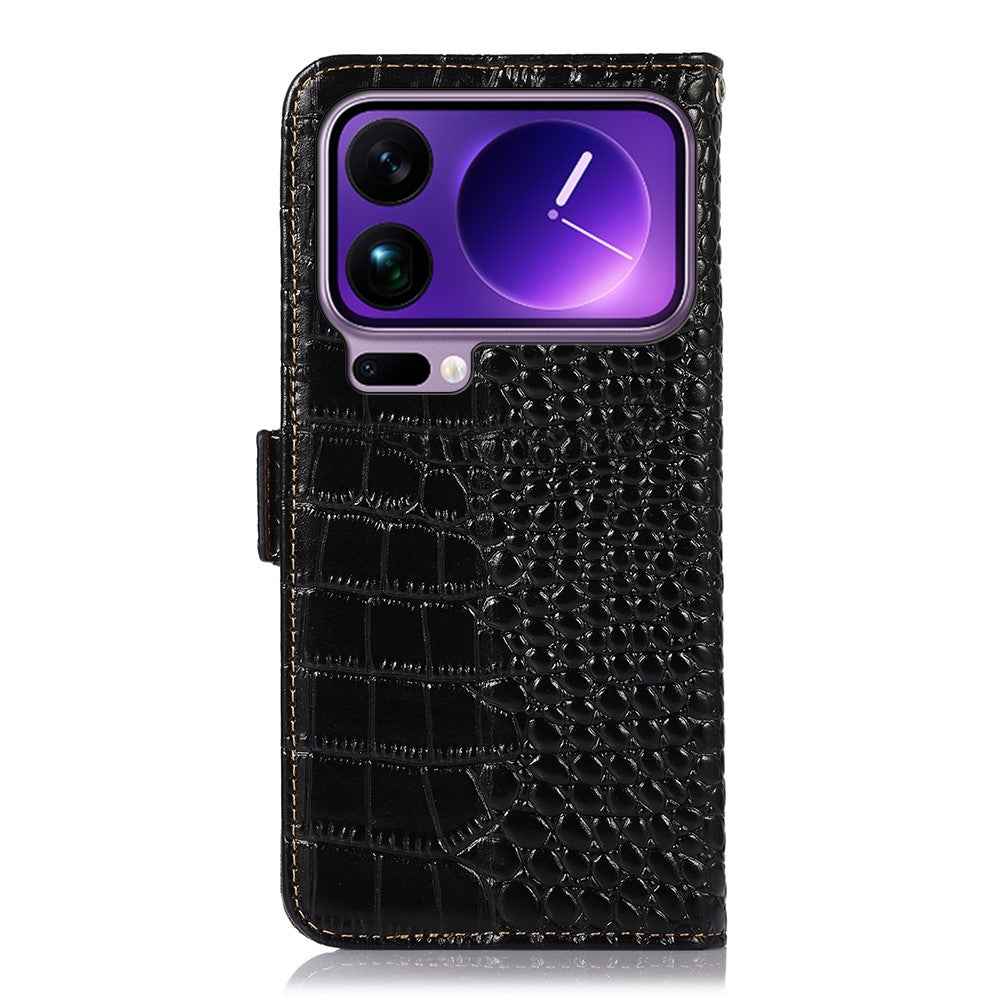For Xiaomi 17 Pro Case RFID Blocking Wallet Crocodile Texture Genuine Cow Leather Phone Cover - Black