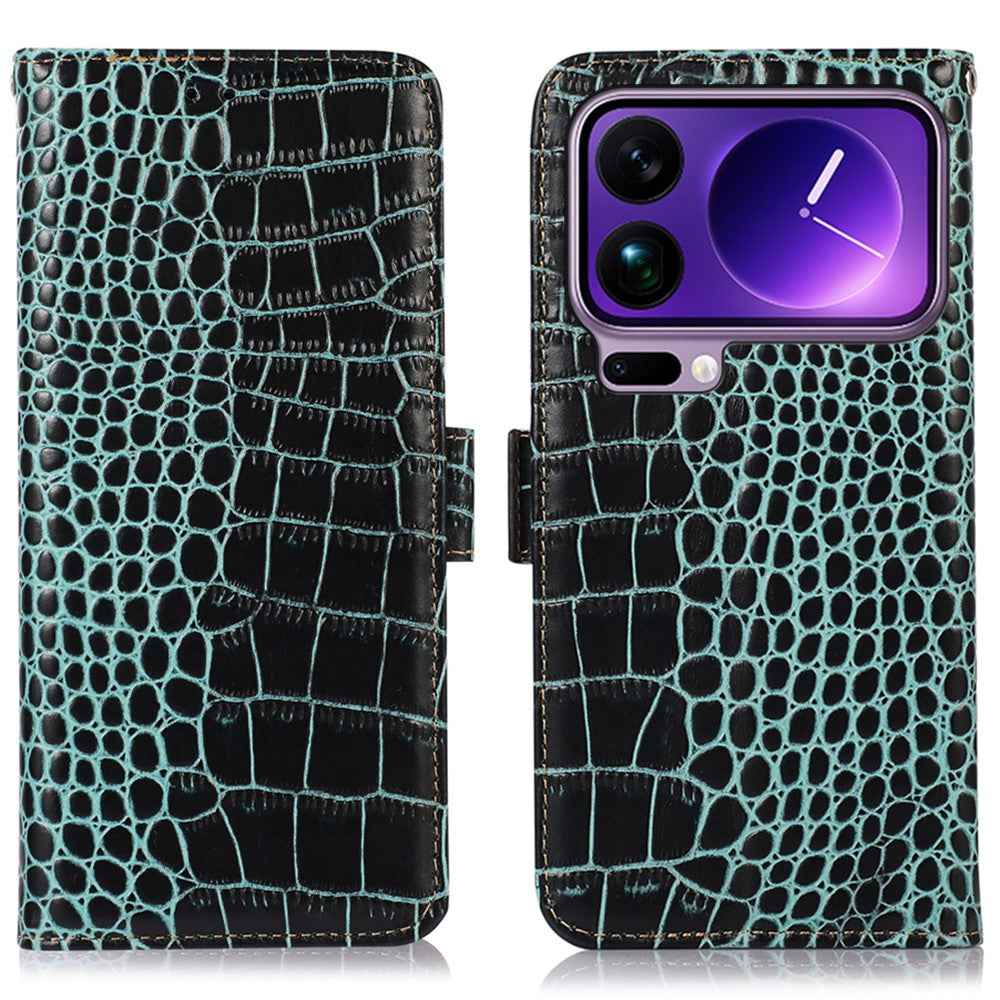 For Xiaomi 17 Pro Case RFID Blocking Wallet Crocodile Texture Genuine Cow Leather Phone Cover - Green