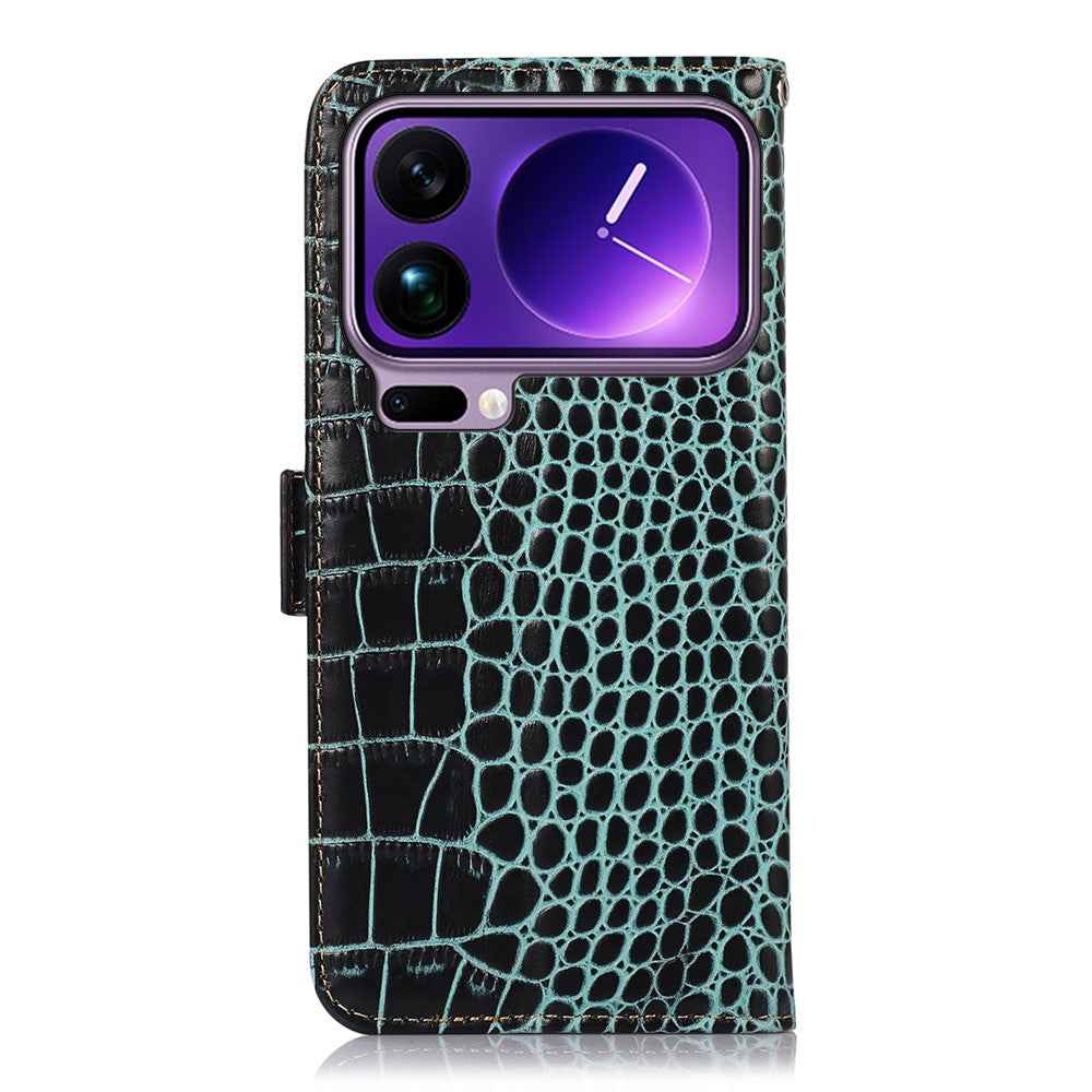 For Xiaomi 17 Pro Case RFID Blocking Wallet Crocodile Texture Genuine Cow Leather Phone Cover - Green