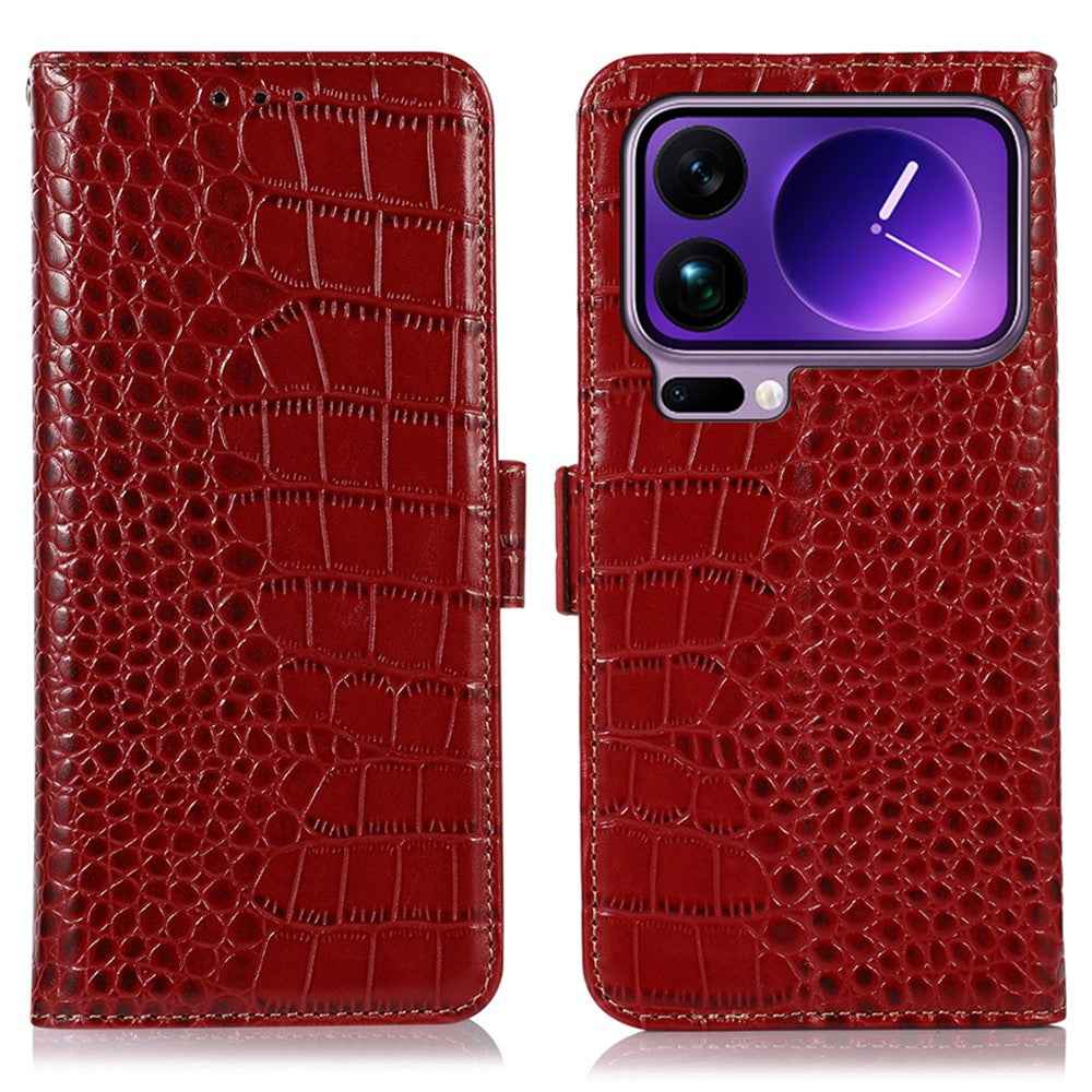 For Xiaomi 17 Pro Case RFID Blocking Wallet Crocodile Texture Genuine Cow Leather Phone Cover - Red
