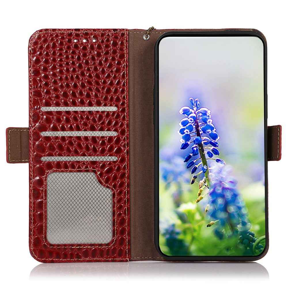 For Xiaomi 17 Pro Case RFID Blocking Wallet Crocodile Texture Genuine Cow Leather Phone Cover - Red