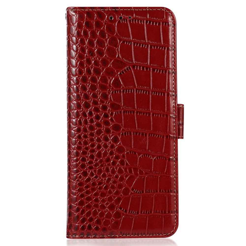 For Xiaomi 17 Pro Case RFID Blocking Wallet Crocodile Texture Genuine Cow Leather Phone Cover - Red