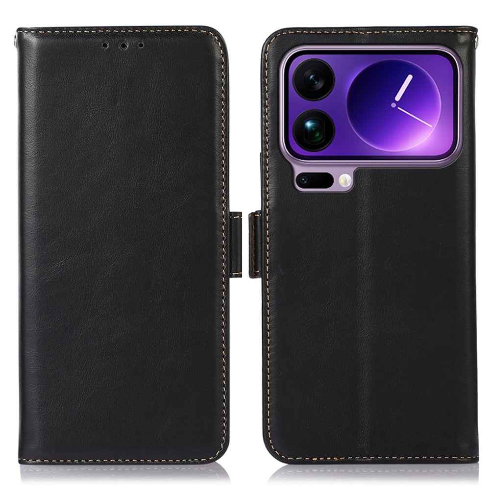 For Xiaomi 17 Pro Case RFID Blocking Genuine Cow Leather Wallet Phone Cover - Black