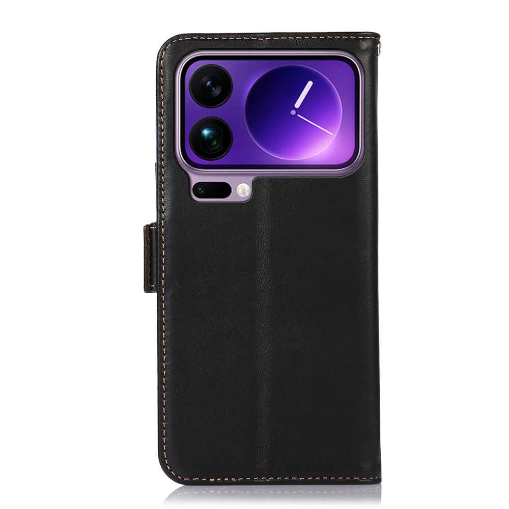 For Xiaomi 17 Pro Case RFID Blocking Genuine Cow Leather Wallet Phone Cover - Black