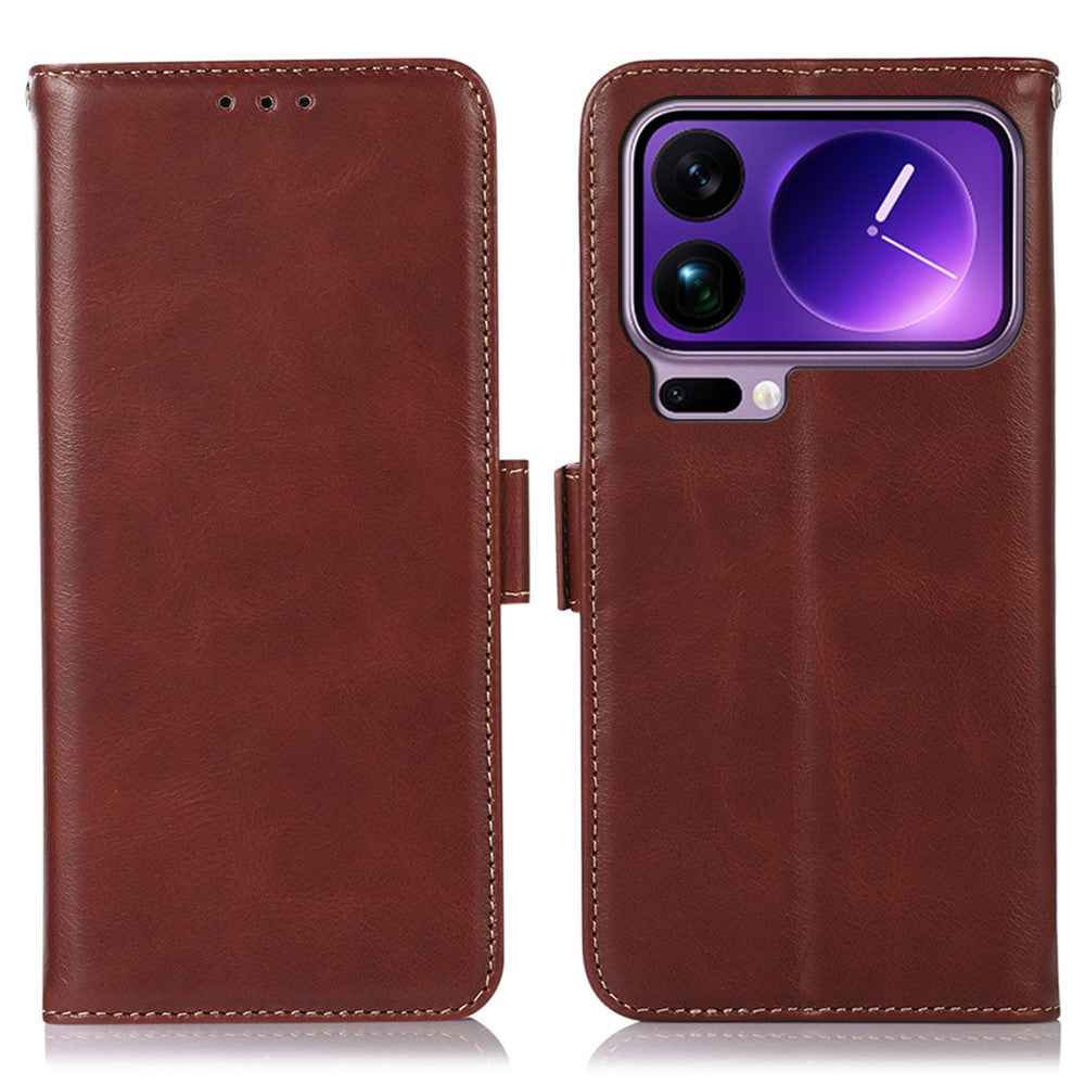 For Xiaomi 17 Pro Case RFID Blocking Genuine Cow Leather Wallet Phone Cover - Brown