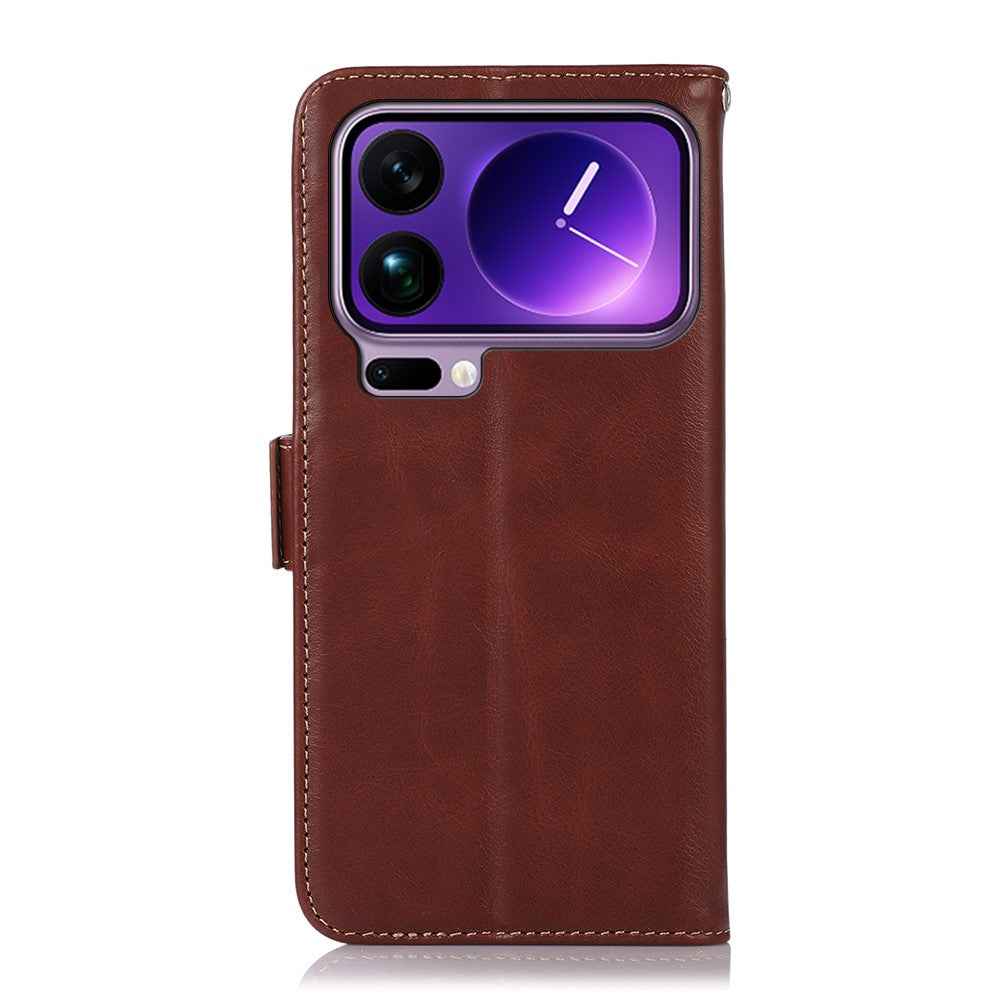 For Xiaomi 17 Pro Case RFID Blocking Genuine Cow Leather Wallet Phone Cover - Brown