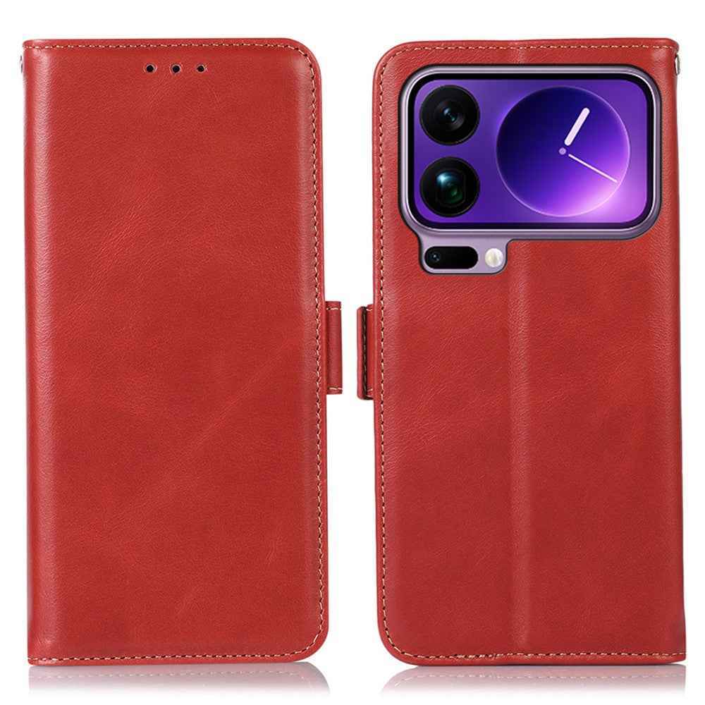 For Xiaomi 17 Pro Case RFID Blocking Genuine Cow Leather Wallet Phone Cover - Red