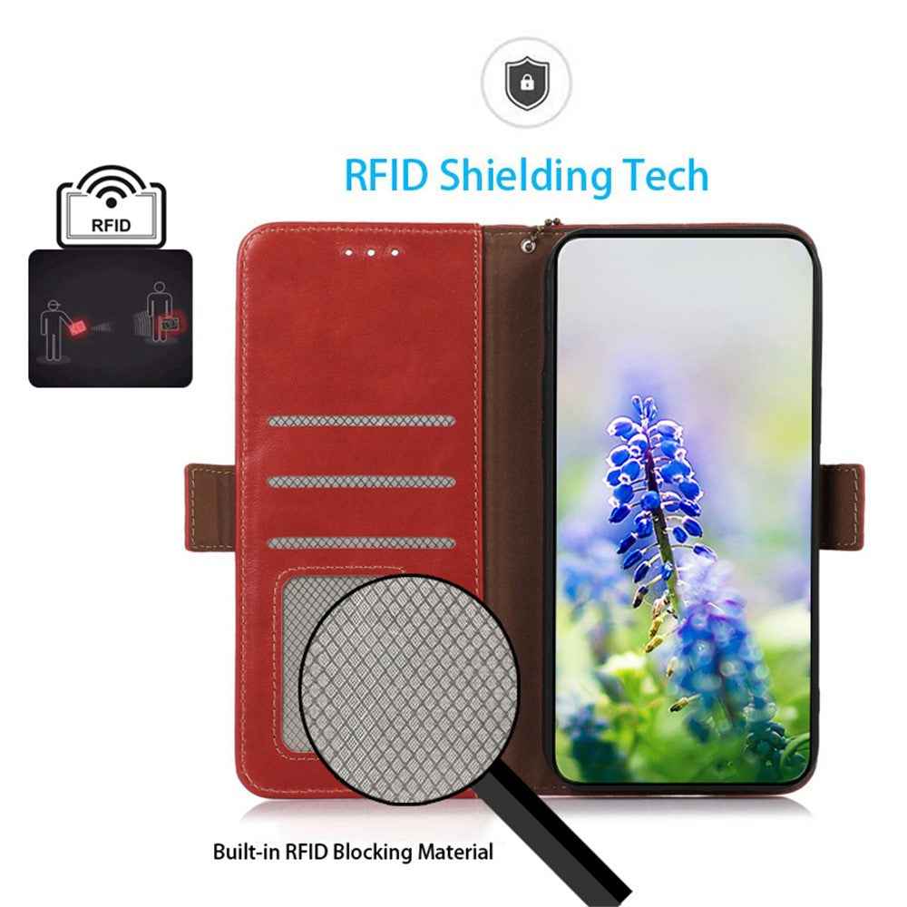 For Xiaomi 17 Pro Case RFID Blocking Genuine Cow Leather Wallet Phone Cover - Red