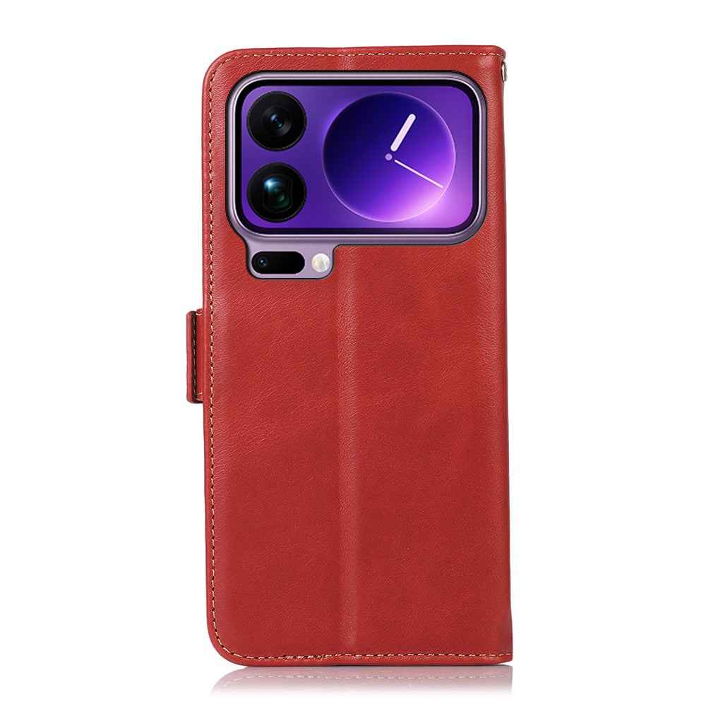 For Xiaomi 17 Pro Case RFID Blocking Genuine Cow Leather Wallet Phone Cover - Red