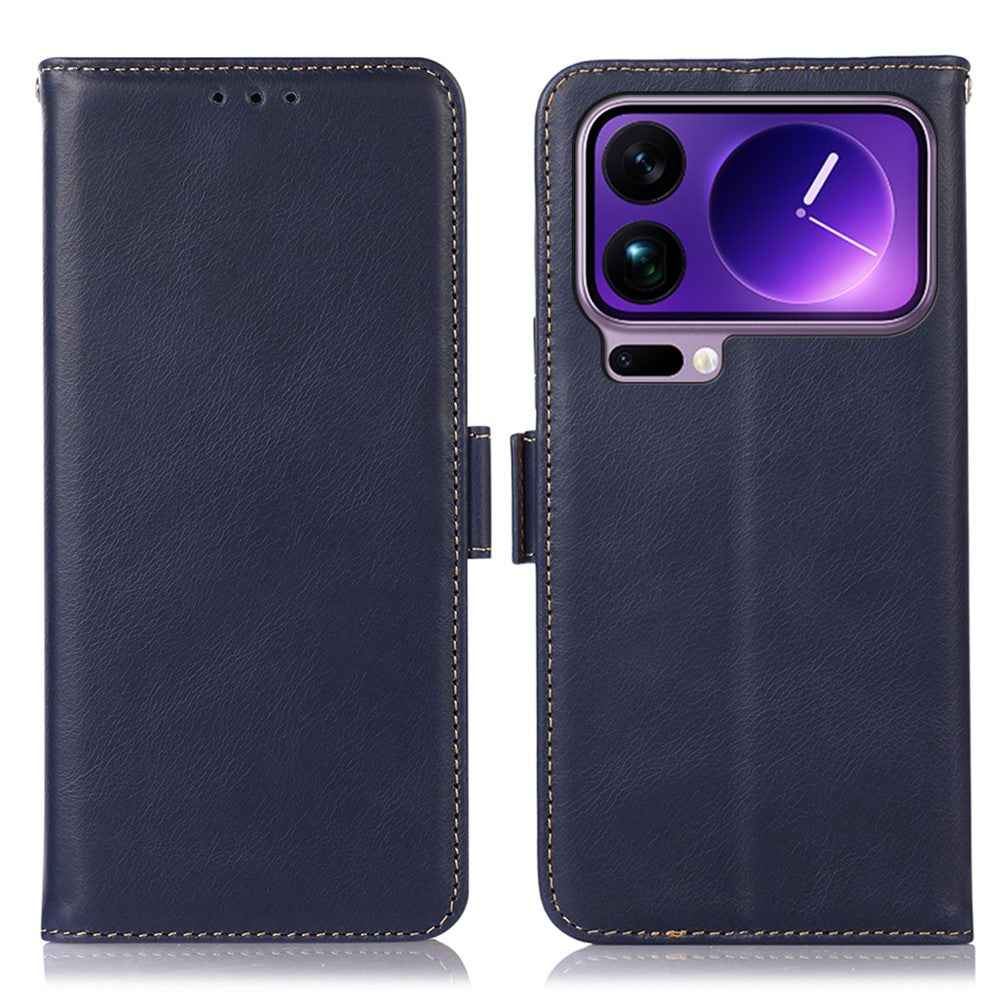For Xiaomi 17 Pro Case RFID Blocking Genuine Cow Leather Wallet Phone Cover - Blue