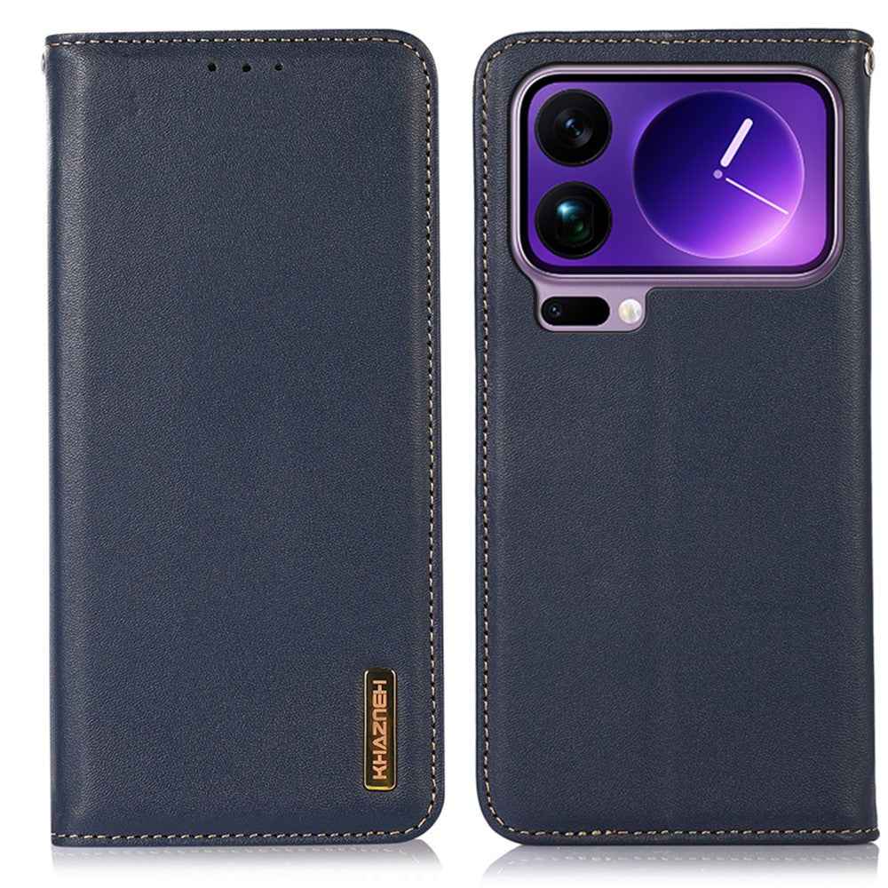 KHAZNEH For Xiaomi 17 Pro Case Wallet Genuine Cow Leather Phone Cover Nappa Texture - Blue