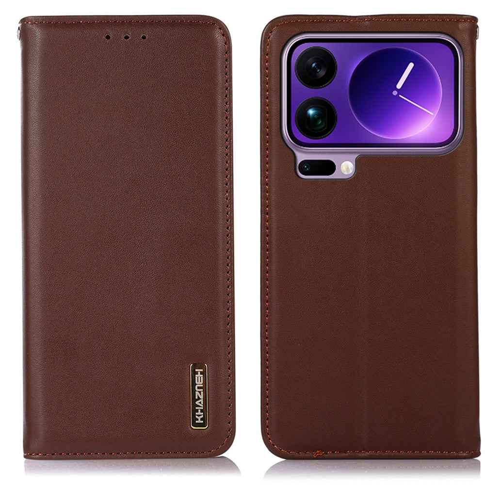 KHAZNEH For Xiaomi 17 Pro Case Wallet Genuine Cow Leather Phone Cover Nappa Texture - Brown